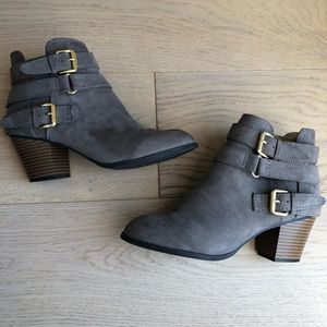 Express Gray Suede Ankle Booties with Buckle Detail